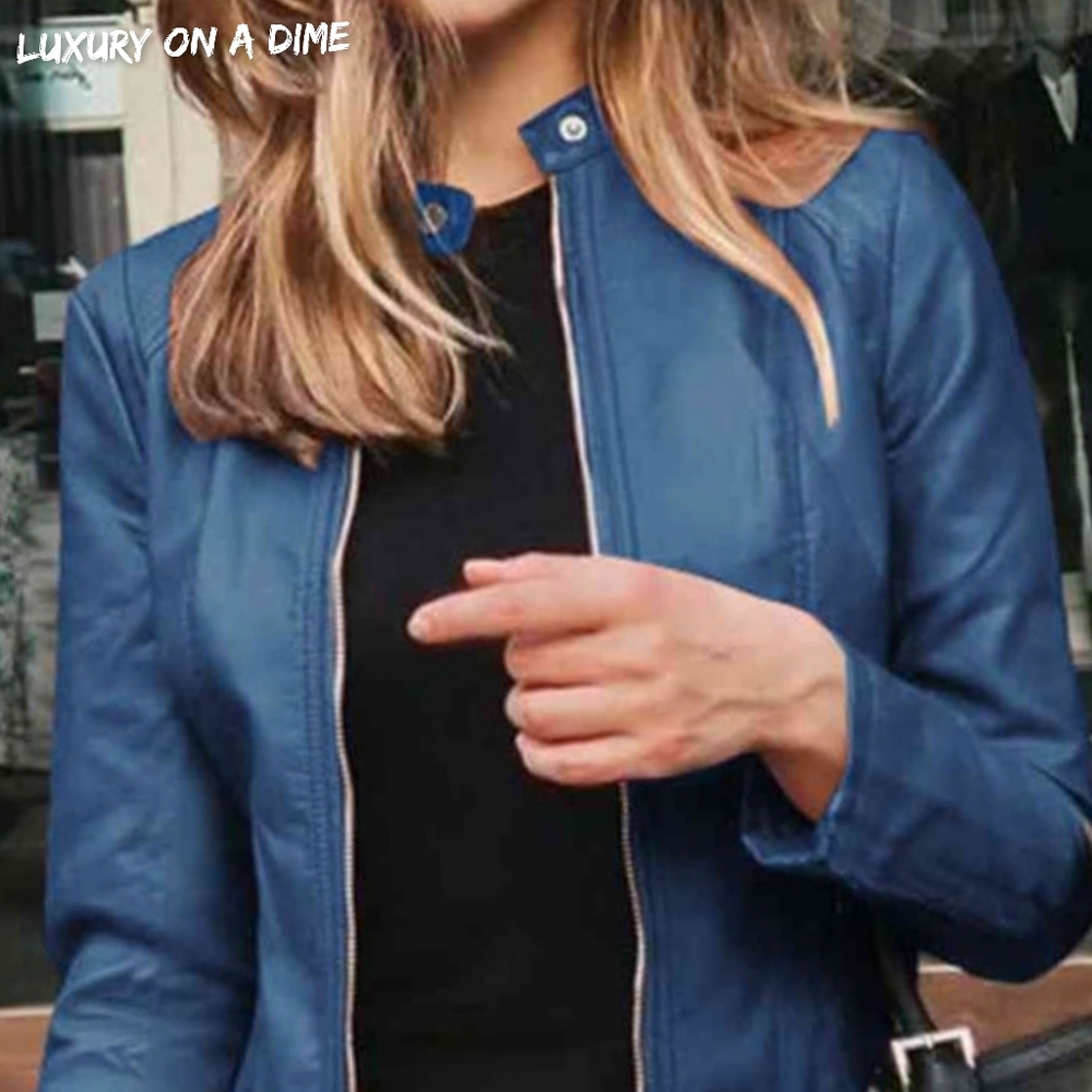 Chic Moto Vegan Leather Jacket Zip-up Sleek Snap Mock Neck Trendy Peacock Blue - Picture 5 of 11